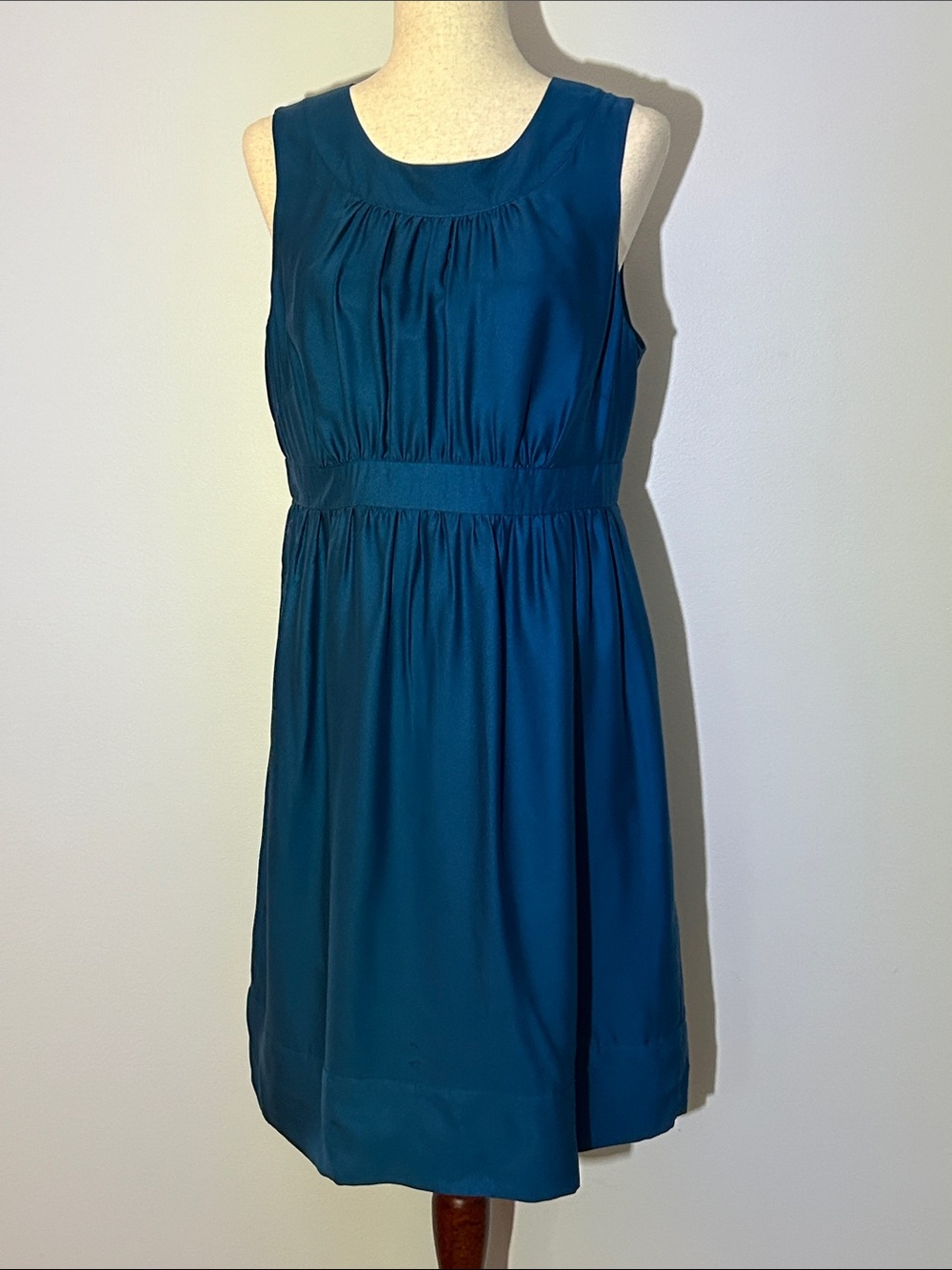 Banana Republic 100% Silk Teal Sleeveless Gathered-Waist Midi Dress